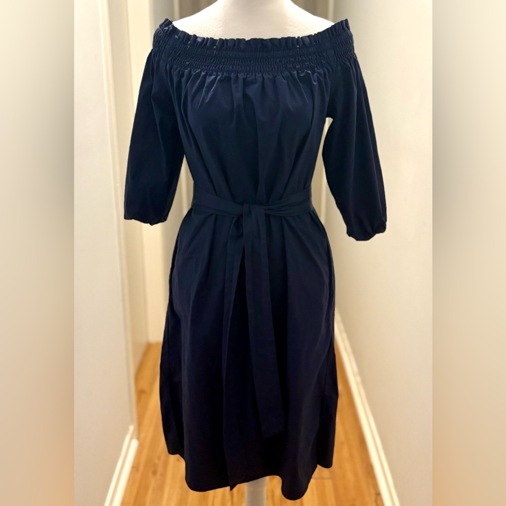 Banana Republic, Off-Shoulder Navy Cotton Midi Dress with Tie Belt, Size S